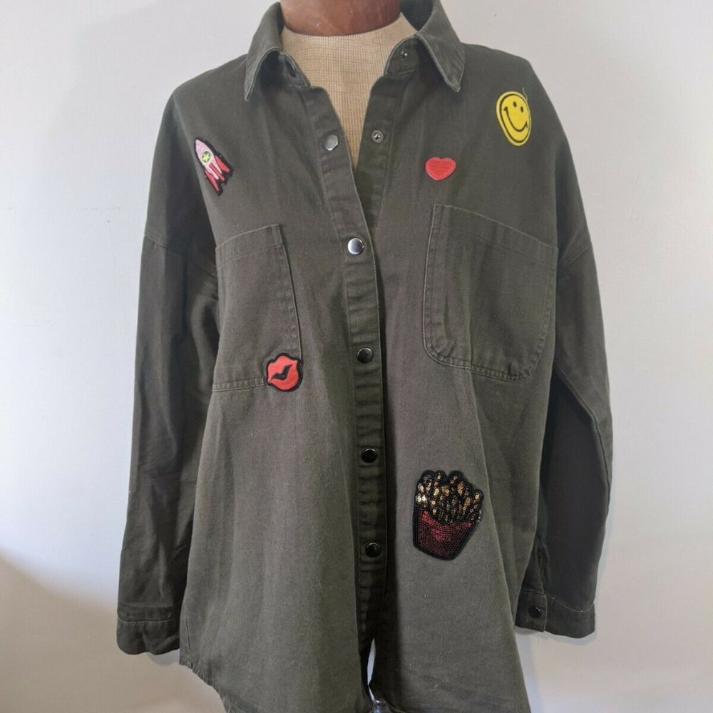 Army Green Button Down Long Sleeve Shirt w Patches
